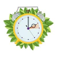 Yellow alarm clock moving forward in one hour. Daylight saving time banner. Spring clock change vector illustration.