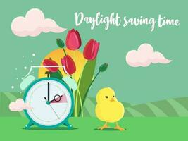 Daylight saving time banner. Clocks move forward. Tulips and chicken near the clock. Spring clock change concept. Cartoon vector illustration.