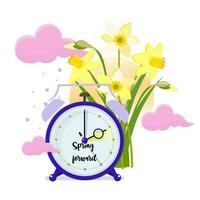 Daylight saving time concept. Clocks move forward. Daffodils and sun near the clock. Spring clock change. Vector illustration.