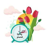 Daylight saving time concept. Clocks move forward. Tulips and sun near the clock. Spring clock change. Cartoon vector illustration.