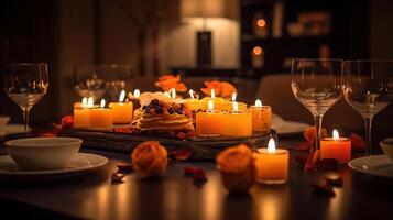 Lighted candles stand on the festive served dinner table, . photo