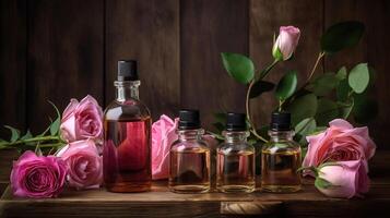 The Essence of Serenity - Bottles of Rose Oil and Fresh Flowers on a Wooden Table, photo