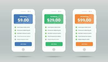 Minimal pricing comparison list with check mark ui design in smartphone shape vector