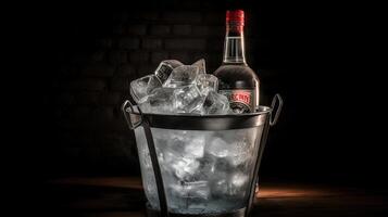 Bottle of cold vodka in bucket of ice on dark background, photo
