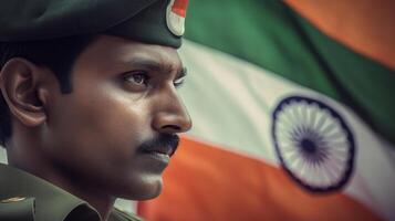 soldado con indio bandera. saludo tarjeta para república día, independencia día. nacional celebracion, generativo ai foto
