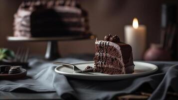 plato con rebanada de sabroso hecho en casa chocolate pastel en romántico cena, generativo ai foto
