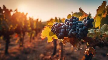 Vineyards at sunset in autumn harvest. Ripe grapes in fall, photo