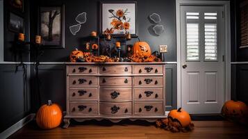 Interior of living room decorated for Halloween with door and chest of drawers, photo