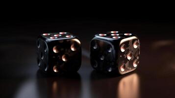 Rolling gambling dice on dark background - 3D illustration . photo