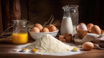 Fresh ingredients for dough, flour, milk, eggs, vegetable oil, generative ai photo
