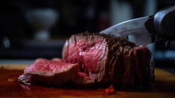 grilled steak with rosemary on a cutting board on a black background photo