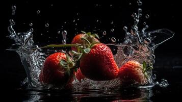 fresas deslizamiento mediante agua con un bueno chapoteo y un negro fondo, generativo ai foto