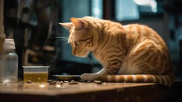 alimentación comida a hambriento gordito encantador gato o mascota y estar arriba a espera, generativo ai foto