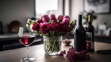 florero con hermosa flores, lentes de vino y regalos para San Valentín día en mesa en cocina, generativo ai foto