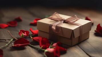 Kraft regalo caja con hermosa rojo cinta y rosa, concepto de san valentin, aniversario, de la madre día y cumpleaños saludo, generativo ai foto