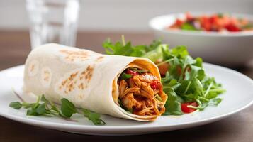 Spicy mexican chicken fajita wraps on a white plate with side serving of spicy salsa, and fresh salad, photo