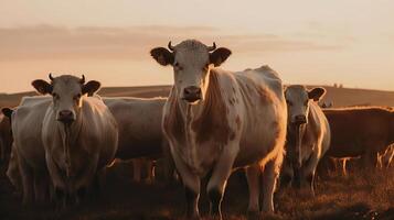 A herd of cows looking at the camera in Orkney countryside at sunset, generative ai photo
