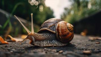Big snail in shell crawling on road, summer day in garden, photo