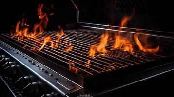 Barbecue Grill With Fire Flames - Empty Fire Grid On Black Background, , generative ai photo