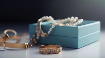 Panoramic shot of Golden bracelet and diamond ring on blue background, generative ai photo
