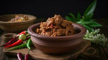 Rendang is an Indonesian West Sumatra Minangkabau spicy meat that slow cooked in coconut milk and mixed spices, generativ ai photo