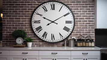 Kitchen Elegance - Enhancing Your Space with a Big Clock on a White Brick Wall Bringing Classic, generative ai photo