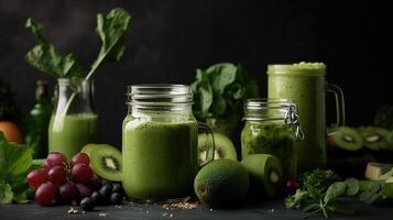 Glass jar mugs with green health smoothie, kale leaves, lime, apple, kiwi, grapes, banana, avocado, lettuce. Copy space. Raw, vegan, vegetarian, alkaline food concept, photo