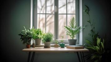 Desk of free space with spring flowers and background of window, generative ai photo