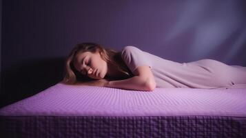 Young woman sleeping on soft mattress against light purple background, generative ai photo