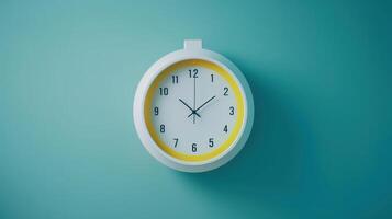 minimalista plano laico imagen de el plastico pared reloj terminado azul turquesa fondo, generativo ai foto