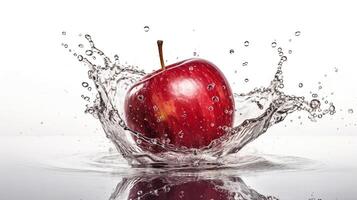 Fresco rojo manzana y chapoteo de agua en blanco fondo, generativo ai foto