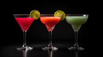 Glasses of tasty daiquiri cocktail on dark background, photo