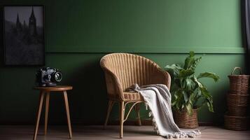 Comfortable wicker armchair with plaid and table near green wall. Banner for design, photo