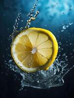 Splash of sliced lemon with water drops over blue background, photo