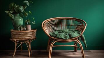 Comfortable wicker armchair with plaid and table near green wall. Banner for design, photo