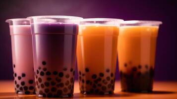 Plastic cups of tasty bubble tea on purple background, generative ai photo