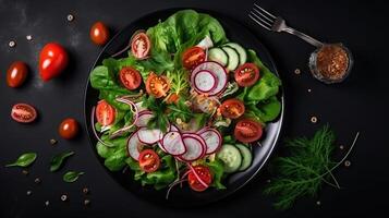 sano vegetal ensalada de Fresco tomate, pepino, cebolla, espinaca, lechuga y sésamo en lámina. dieta menú. parte superior vista, generativo ai foto