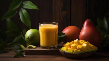 Fresh tropical fruit smoothie mango juice with leaves and fruits, photo