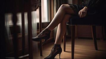 mujer en sexy negro tacones y hermosa piernas sentado a hogar, generativo ai foto