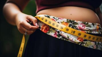 grasa mujer, grasa barriga, regordete, obeso mujer mano participación excesivo barriga grasa con medida cinta, mujer dieta estilo de vida concepto, generativo ai foto