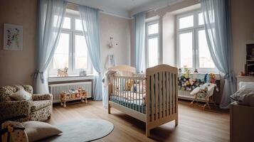 Modern room interior with big bed and comfortable baby crib, photo