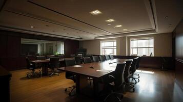 moderno vacío reunión habitación con grande conferencia mesa, generativo ai foto