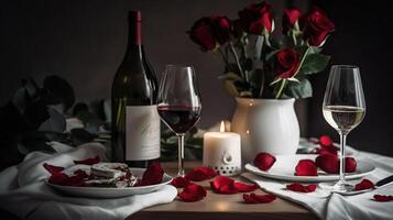 san valentin día cena - blanco romántico mesa ajuste con vino regalo y rojo rosas, generativo ai foto