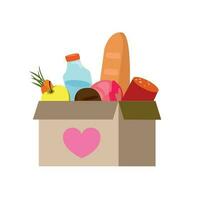 Food donations linear icon. Charity food collection. Box with meal, hearts. Humanitarian volunteer activity. Thin line illustration. Contour symbol. Vector isolated outline drawing.