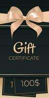 Black Gift Card or Certificate Template with Elegant Golden Bow and Satin Ribbon Border. Luxury Design Element for Business, Sales, and Promotions. Perfect for Birthdays, 100 dollars ticket coupon vector