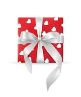 3D vector illustration of a red gift box with a bow on a white background for anniversaries, birthdays. The box are adorned with shiny silver ribbons and wrapped in paper with pattern with hearts