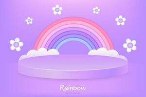 Minimalist 3D Toy Pedestal with Rainbow and Clouds Vector Illustration for Kids Design. Pastel Colors and Cute Cartoon Flowers for Lovely and Happy Concept. Use as Poster, Banner, or Product Display