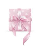 3D vector illustration of a pastel pink gift box with a bow on a white background for anniversaries, birthdays. The box are adorned with shiny ribbons and wrapped in paper with pattern with hearts.