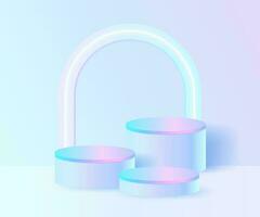 3D Neon futuristic hologram pedestal in a minimal interior. Empty bright pink glowing stage for modern product presentation, abstract ceremony or digital shape showcase in a soft pastel gradient vector