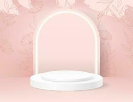 Vector mockup of a modern and clean display stage with pink flowers and geometric shapes. The blank pedestal and platform are perfect for showcasing cosmetic products. luxury mock up scene for banners